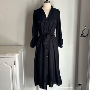 Black Button Front Cinched Waist Roll Tab Sleeve Lightweight Midi Dress, L